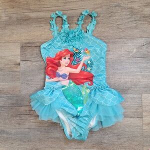 Vintage Disney Store Princess Little Mermaid Swimsuit Size 4 Teal Ruffle Sequins